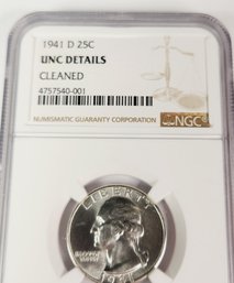 WW II 1941-D UNC  Silver  Washington Quarter  Cleaned  NGC Slabbed