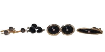 1960's Black Oval Lucite Cufflinks & Tie Clip Set, Swank Gold Filled Tuxedo Stud Clips & Tie Tux Clips