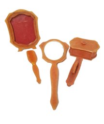 Antique Plastic Handheld Mirror, Shoe Horn, Trinket Box, Nail Buffer, Picture Frame Vanity Set