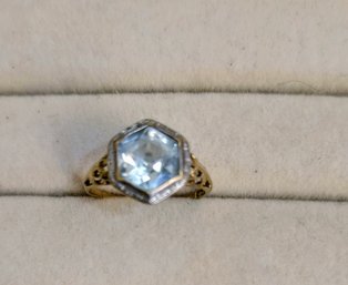 Lovely Vintage 14k Gold Filigree Ring With Brilliant Cut Aquamarine (4.7 Grams) - Size 6.5