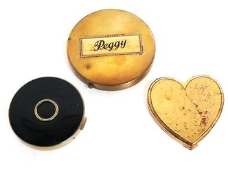 Vintage Unique Heart Shaped & 2 Gold Tone Round Powder Compacts (lot 8)