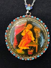 Very Rare  Russian Hand Painted Lacquer Pendent Dated 1917 And Signed Set In Silver Turq. /Coral Design