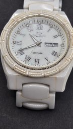 White ONISS Paris Sapphire Designer Crystal Studded Watch With Date Feature And Greek Key Bezel