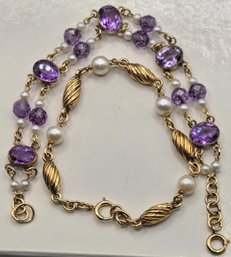 1 Gold Amethyst/ Pearl 14kt. Gold Bracelet, Plus  Pearl And Gold Filled Beaded Bracelet Both Tested By Jeweler