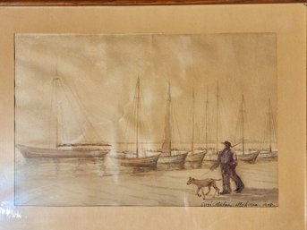 Framed 1942 Joseph Atchison Watercolor  Sailboats And Dog Walker