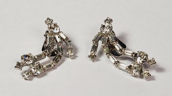 Vintage Silver Tone Person Clip Back Rhinestone Earrings