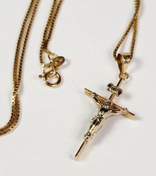 Vintage 14k Yellow Gold Crucifix Pendant And Box Chain Link Necklace