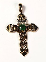 Gold Over Sterling Silver Cross With Green Stone  Pendant