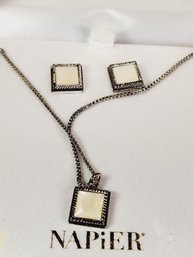 Vintage Napier Mother Of Pearl Pendant Necklace And Matching Earring In Box