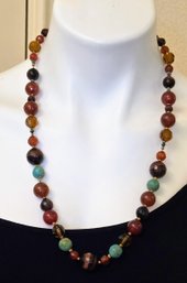 Beaded Riviere Necklace With Gemstone Quality Turquoise, Carnelian & Amber , Unusual Color Combo