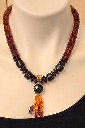 (A Rare Find)Jay King DTR Graduated Amber Stones,  Faceted Onyx Ball  Pendant And Tassel With Sterling Clasp