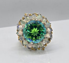 Bali, Ethiopian Welo Opal & Peacock Quartz Ring In Yellow Gold & Platinum Over Sterling