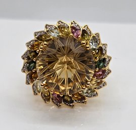 Brazilian Citrine Starburst Cut, Multi Tourmaline, White Zircon Floral Ring In Yellow Gold Over Sterling