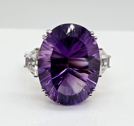 Concave Cut African Amethyst, White Topaz Ring In Platinum Over Sterling