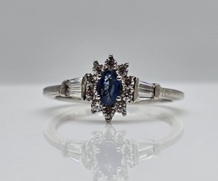 Ceylon Blue Sapphire, White Zircon Ring In Platinum Over Sterling