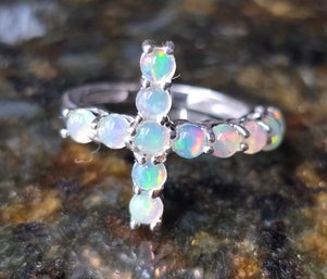 Ethiopian Welo Opal Cross Ring In Platinum Over Sterling