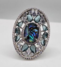 Abalone Doublet Faux Diamond, Faux Blue Quartz Ring In Sterling