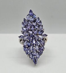 Tanzanite & White Zircon Elongated Ring In Platinum Over Sterling