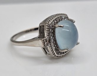 Blue Aquamarine, White Zircon, Rhodium Over Sterling Ring