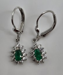 Zambian Emerald, White Zircon Lever Back Earrings In Platinum Over Sterling