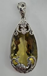 Bali, Green Gold Quartz Peacock Pendant In Sterling