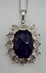 African Amethyst & Diamond Pendant Necklace In Rhodium Over Sterling