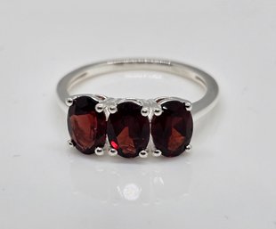 Red Garnet 3 Stone Ring In Sterling