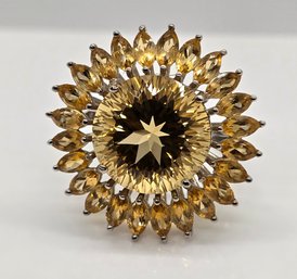 Stunning Brazilian Citrine 120 Facets Sunflower Ring In Platinum Over Sterling