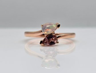 Blush Tourmaline, Ethiopian Welo Opal Bypass Ring In Rose Gold Over Sterling