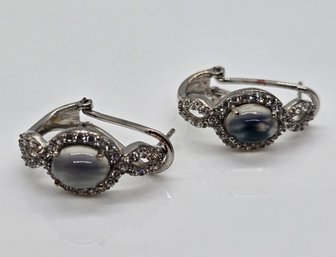 Aurora Moonstone, White Zircon Omega Clip Earrings In Platinum Over Sterling