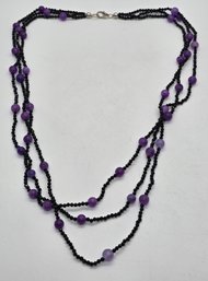 Black Spinel, Purple Jade Beaded Necklace On Sterling