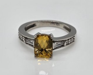 Brazilian Heliodor, White Zircon Ring In Platinum Over Sterling