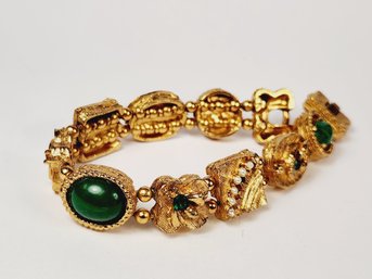 Vintage Gold Tone Green Stone Heavy Solid Bracelet