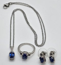 Himalayan Kyanite, Blue Sapphire Stud Earrings, Ring & Pendant In Platinum Over Sterling