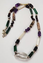 New   Sterling Silver Moon Stone, Amethyst, Malachite ,agate  Beaded  Necklace