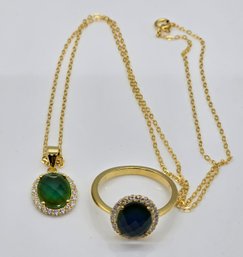 Faux Diamond Color Change Glass Mood Ring & Pendant Necklace In 14k Yellow Gold Over Sterling