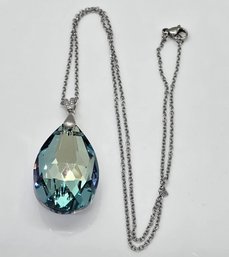 Faux Aquamarine Pendant In Sterling With Stainless Steel Chain