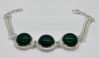 Green Onyx 3 Stone Bracelet In Sterling Silver