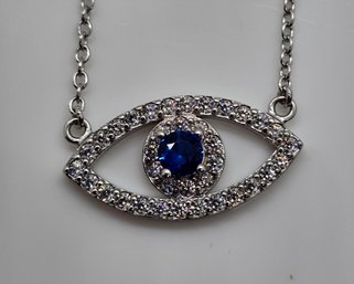 Blue & White CZ Evil Eye Pendant Necklace In Sterling