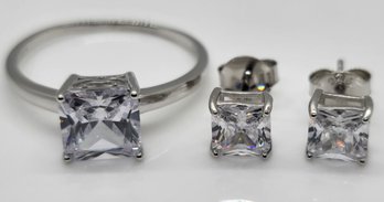 Premium White CZ Ring & Earrings In Rhodium Over Sterling