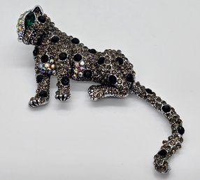 Austrian Crystal, Green Glass Leopard Brooch With Movable Tail