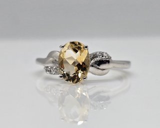 Citrine & White Zircon Ring In Platinum Over Sterling