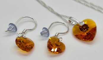 Tangerine Crystal Heart Pendant Necklace & Earrings In Sterling