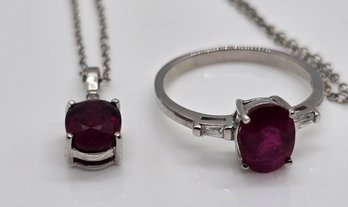 Premium Ruby, White Zircon Ring & Pendant Necklace In Platinum Over Sterling