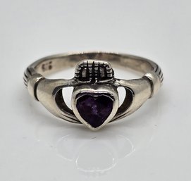 Vintage Irish Amethyst Claddagh Ring In Sterling