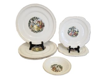 Antique Harker Pottery Co. 22kt Gold Trim 'Courtship' Dinner Plates, Luncheon Plates & Condiment Dish