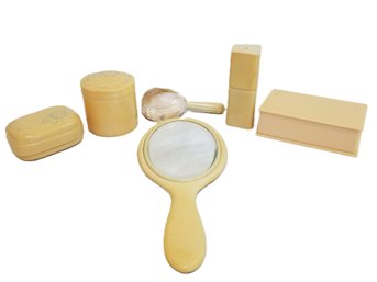 Antique Celluloid Vanity Set: Handheld Mirror, Soap Holder, Powder Jar & More