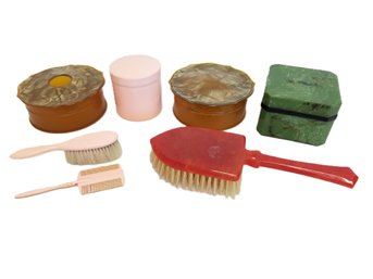 Vintage Art Deco Celluloid Vanity Items: Powder Jar & Boxes, Hair Brushes & Comb