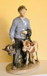 Vintage Royal Copenhagen, Denmark BOY WITH CALVES PORCELAIN FIGURINE #1858 MINT