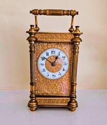 Pretty Antique French Gilt Bronze Carriage Clock With Original Key - In Good Working Condition!!